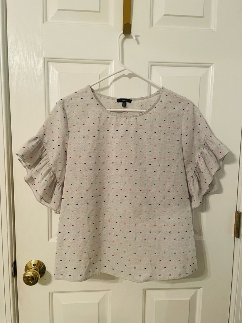 DREW Cream Dot Ruffle Sleeve Tee